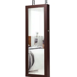 Abschließbarer LED-Schmuckschrank mit Ganzkörper-Spiegel 37 x 9.5 x 108 cm Braun