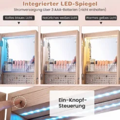 Abschließbarer Schmuckschrank mit Integriertem Schminkspiegel Verstellbaren Ablagen & Stauraum Natur