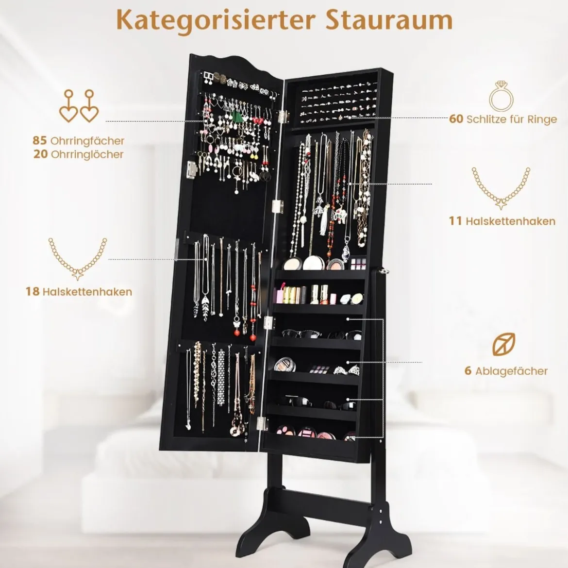 Abschließbarer Schmuckschrank mit Verstellbarem Winkel & Ganzkörperspiegel Schmuckregal