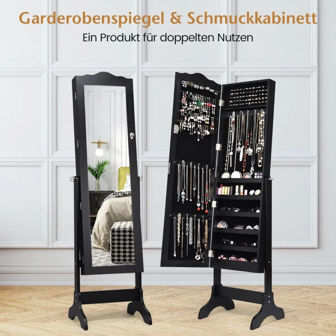 Abschließbarer Schmuckschrank mit Verstellbarem Winkel & Ganzkörperspiegel Schmuckregal