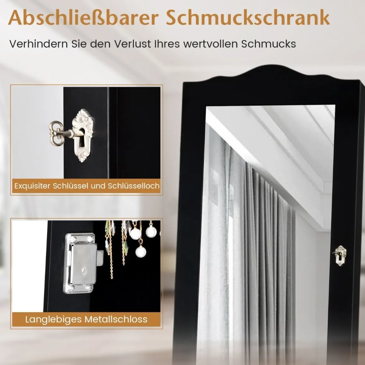 Abschließbarer Schmuckschrank mit Verstellbarem Winkel & Ganzkörperspiegel Schmuckregal