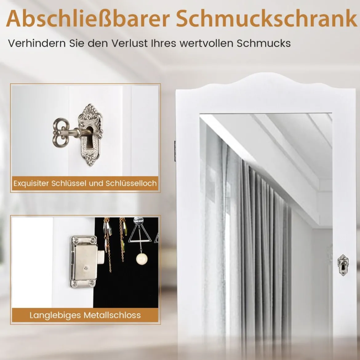 Abschließbarer Schmuckschrank mit Verstellbarem Winkel & Ganzkörperspiegel Schmuckregal