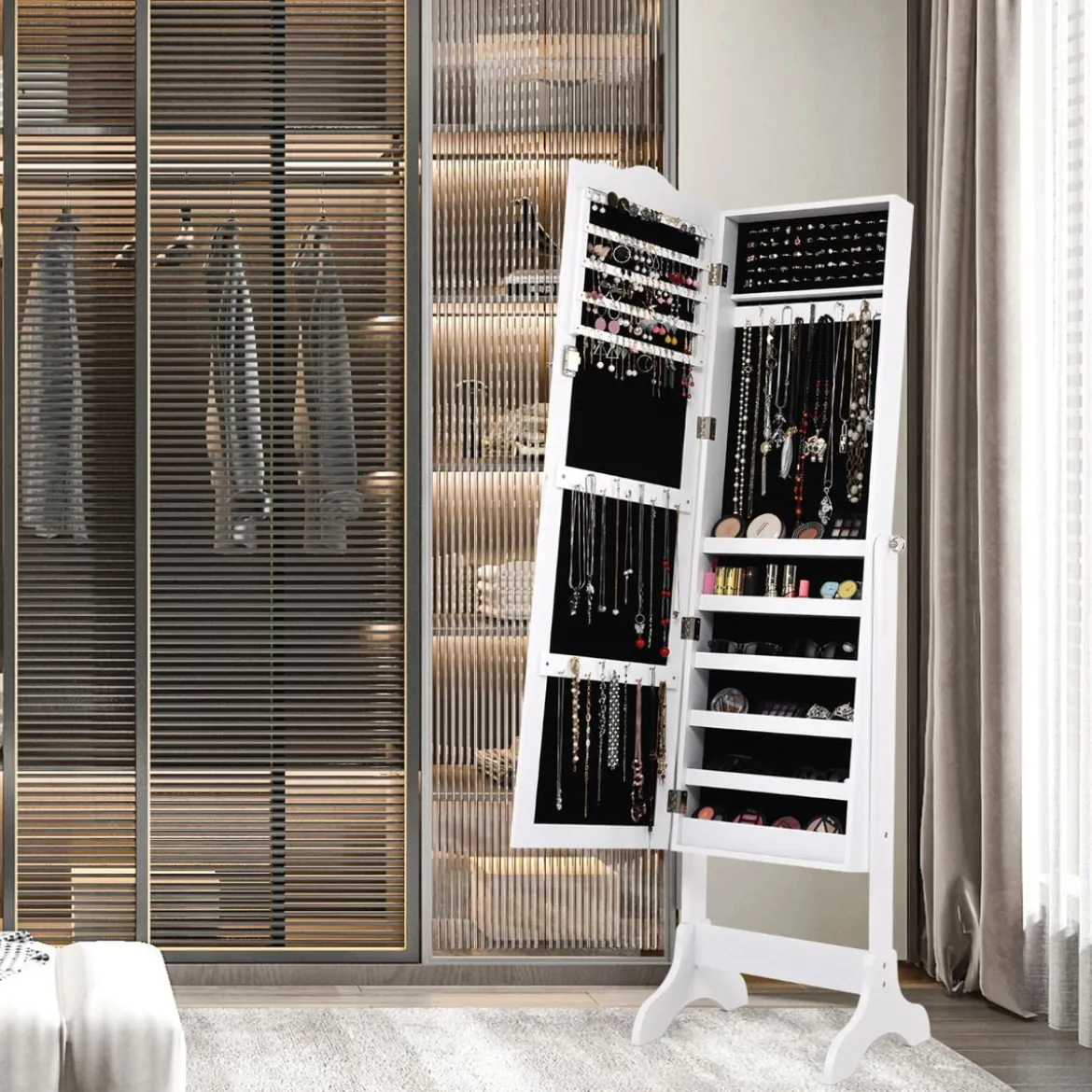 Abschließbarer Schmuckschrank mit Verstellbarem Winkel & Ganzkörperspiegel Schmuckregal