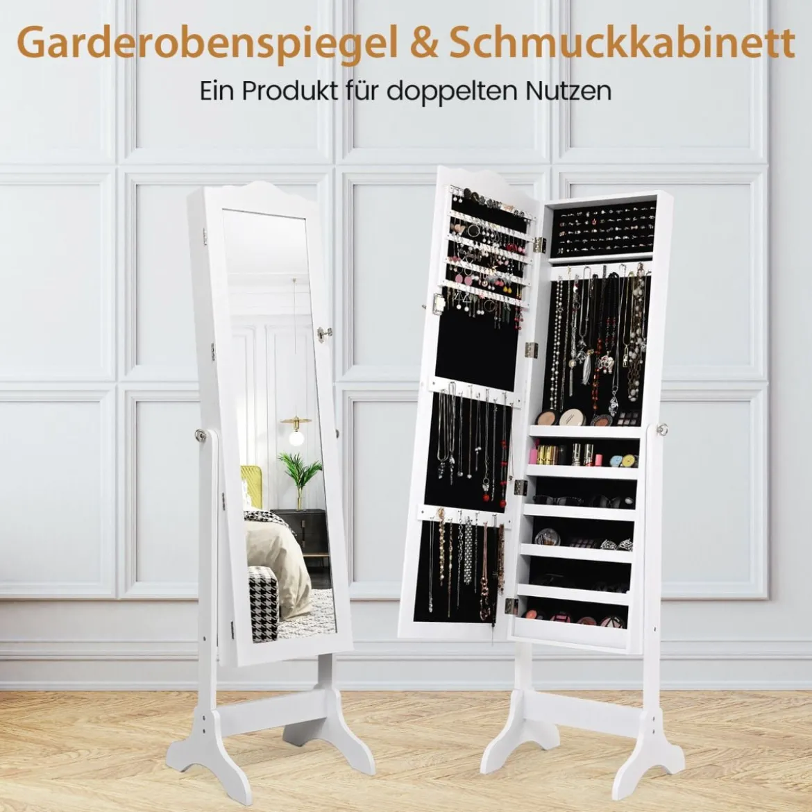 Abschließbarer Schmuckschrank mit Verstellbarem Winkel & Ganzkörperspiegel Schmuckregal