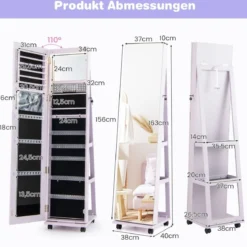 Abschließbarer Schmuckschrank mit Integriertem Schminkspiegel Verstellbaren Ablagen & Stauraum Lila