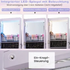 Abschließbarer Schmuckschrank mit Integriertem Schminkspiegel Verstellbaren Ablagen & Stauraum Lila
