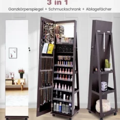 Abschließbarer Schmuckschrank mit Integriertem Schminkspiegel Verstellbaren Ablagen & Stauraum Dunkelbraun
