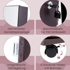 Abschließbarer Schmuckschrank mit Integriertem Schminkspiegel Verstellbaren Ablagen & Stauraum Dunkelbraun