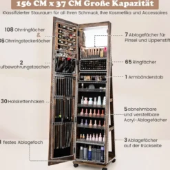 Abschließbarer Schmuckschrank mit integriertem Schminkspiegel verstellbaren Ablagen & Stauraum Kaffee
