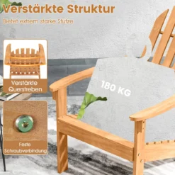 Adirondack Stuhl Gartenstuhl aus Akazienholz mit geneigtem Sitz & hoher Rückenlehne Natur