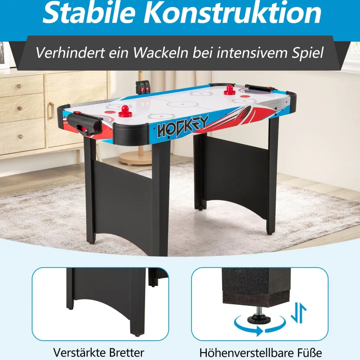 Airhockey Tisch Elektrisch Air Hockey Spieltisch mit LED-Anzeigetafel Lufthockey Tisch 130 x 61 x 76 cm