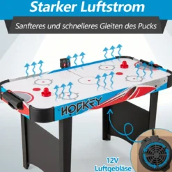 Airhockey Tisch Elektrisch Air Hockey Spieltisch mit LED-Anzeigetafel Lufthockey Tisch 130 x 61 x 76 cm