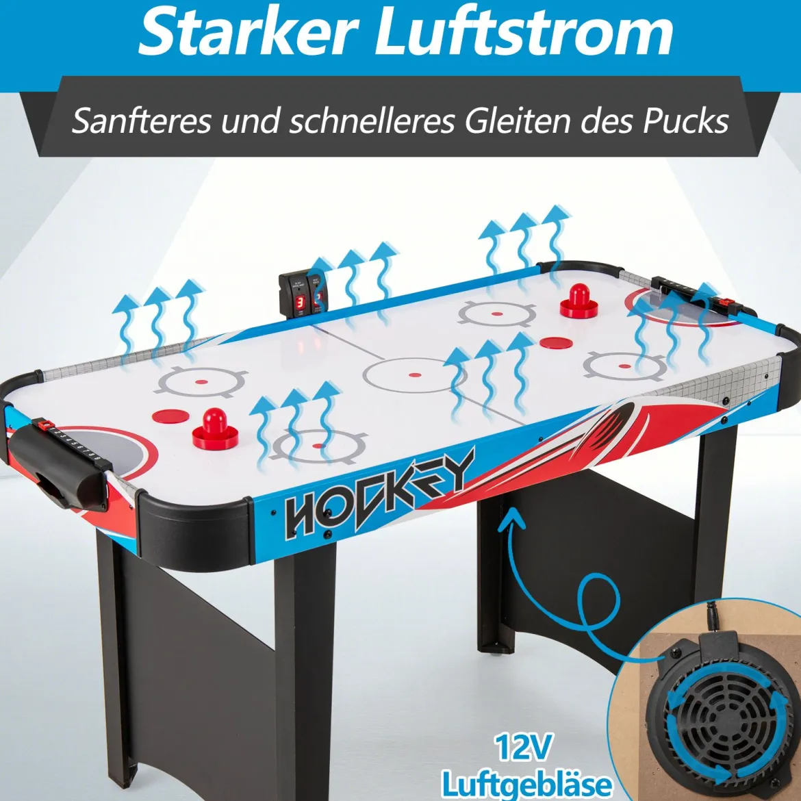 Airhockey Tisch Elektrisch Air Hockey Spieltisch mit LED-Anzeigetafel Lufthockey Tisch 130 x 61 x 76 cm