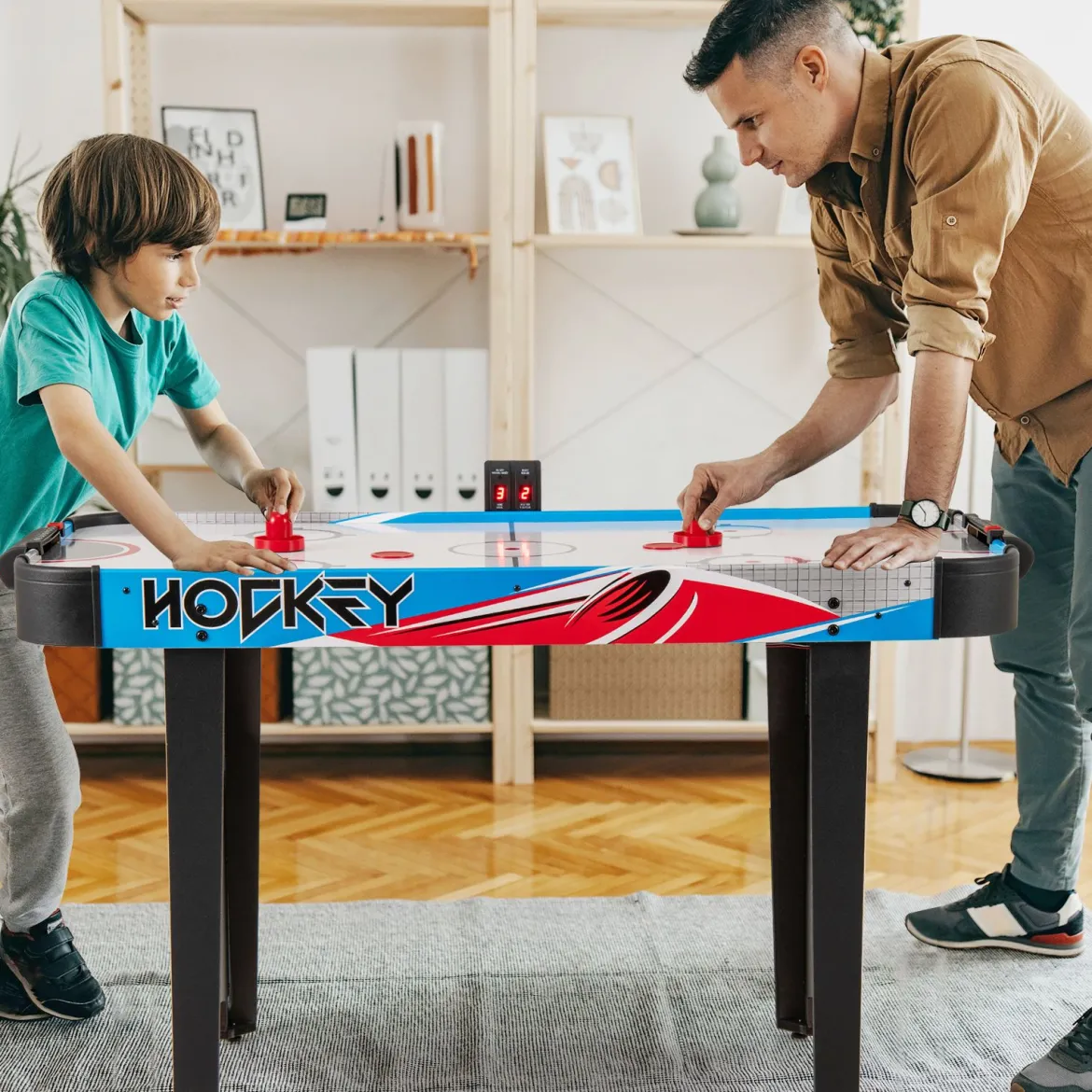 Airhockey Tisch Elektrisch Air Hockey Spieltisch mit LED-Anzeigetafel Lufthockey Tisch 130 x 61 x 76 cm