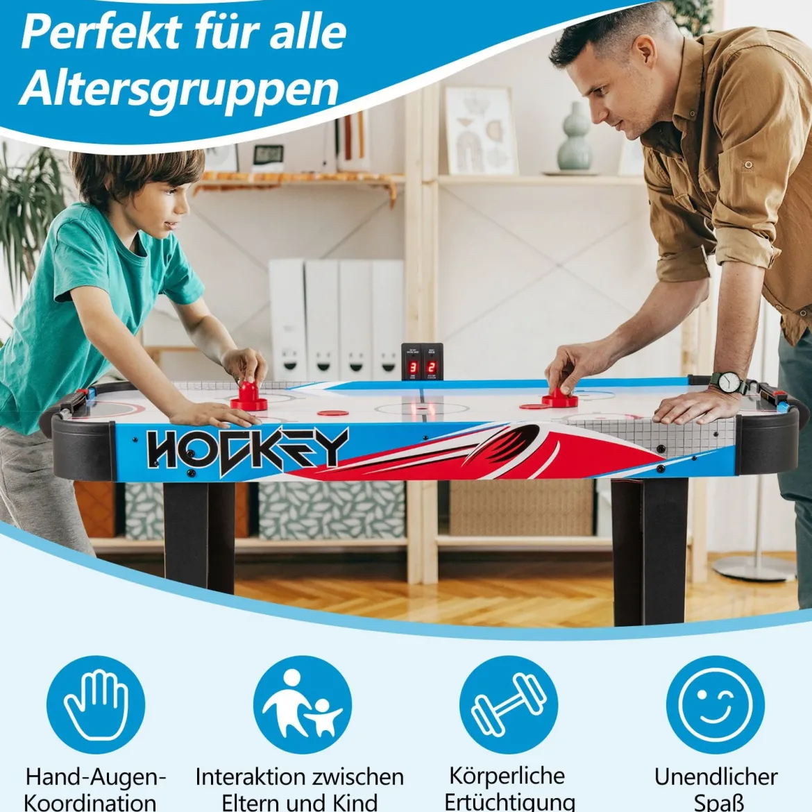 Airhockey Tisch Elektrisch Air Hockey Spieltisch mit LED-Anzeigetafel Lufthockey Tisch 130 x 61 x 76 cm