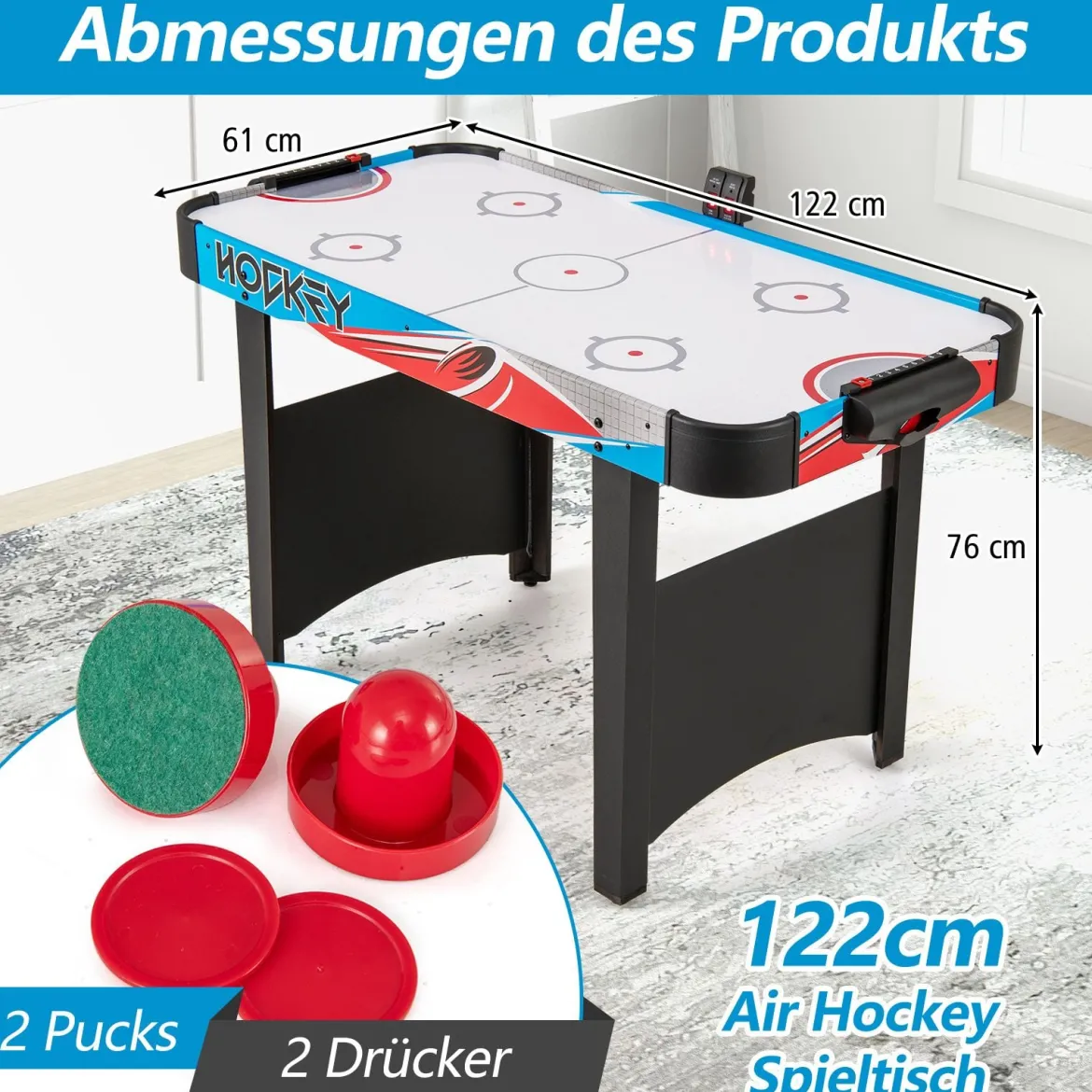 Airhockey Tisch Elektrisch Air Hockey Spieltisch mit LED-Anzeigetafel Lufthockey Tisch 130 x 61 x 76 cm