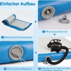 Airtrack Matte Aufblasbare Gymnastikmatte Tragbare Tumbling Matte mit Elektrischer Luftpumpe Blau + Grau