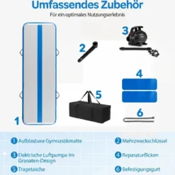 Airtrack Matte Aufblasbare Gymnastikmatte Tragbare Tumbling Matte mit Elektrischer Luftpumpe Blau + Grau