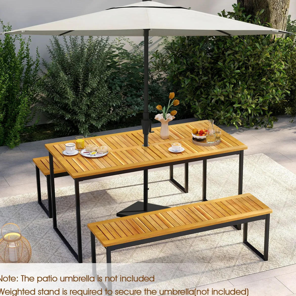 Akazienholz Esstisch für 6 Personen rechteckiger Terrassentisch mit Lattenrost Metallrahmen & Schirmloch 140 x 70 x 70 cm