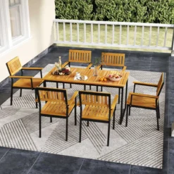 Akazienholz Esstisch für 6 Personen rechteckiger Terrassentisch mit Lattenrost Metallrahmen & Schirmloch 140 x 70 x 70 cm
