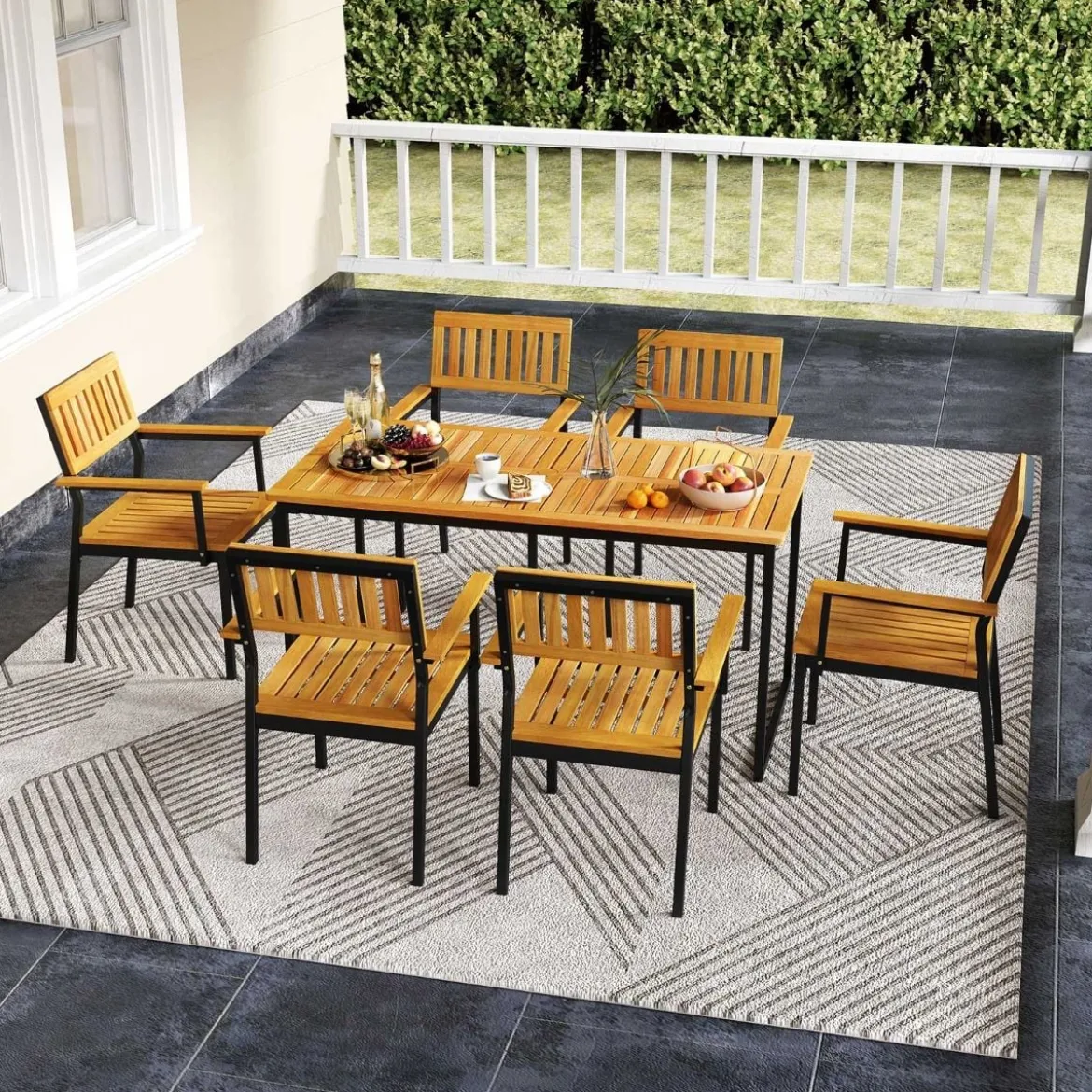 Akazienholz Esstisch für 6 Personen rechteckiger Terrassentisch mit Lattenrost Metallrahmen & Schirmloch 140 x 70 x 70 cm