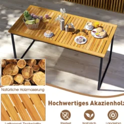 Akazienholz Esstisch für 6 Personen rechteckiger Terrassentisch mit Lattenrost Metallrahmen & Schirmloch 140 x 70 x 70 cm