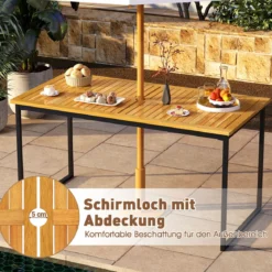 Akazienholz Esstisch für 6 Personen rechteckiger Terrassentisch mit Lattenrost Metallrahmen & Schirmloch 140 x 70 x 70 cm