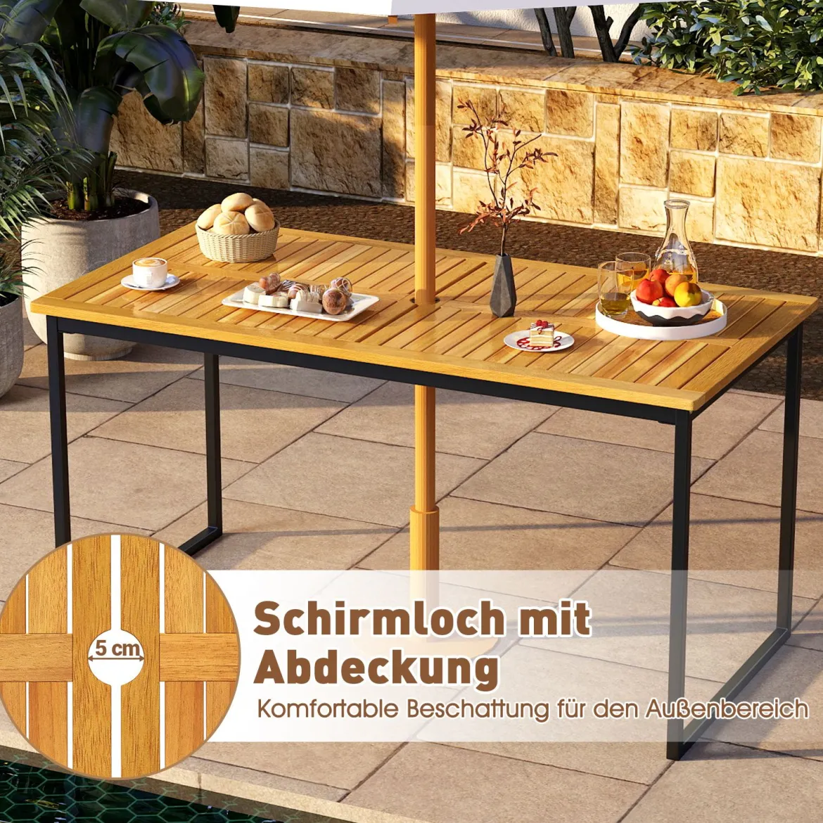Akazienholz Esstisch für 6 Personen rechteckiger Terrassentisch mit Lattenrost Metallrahmen & Schirmloch 140 x 70 x 70 cm