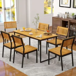 Akazienholz Esstisch für 6 Personen rechteckiger Terrassentisch mit Lattenrost Metallrahmen & Schirmloch 140 x 70 x 70 cm