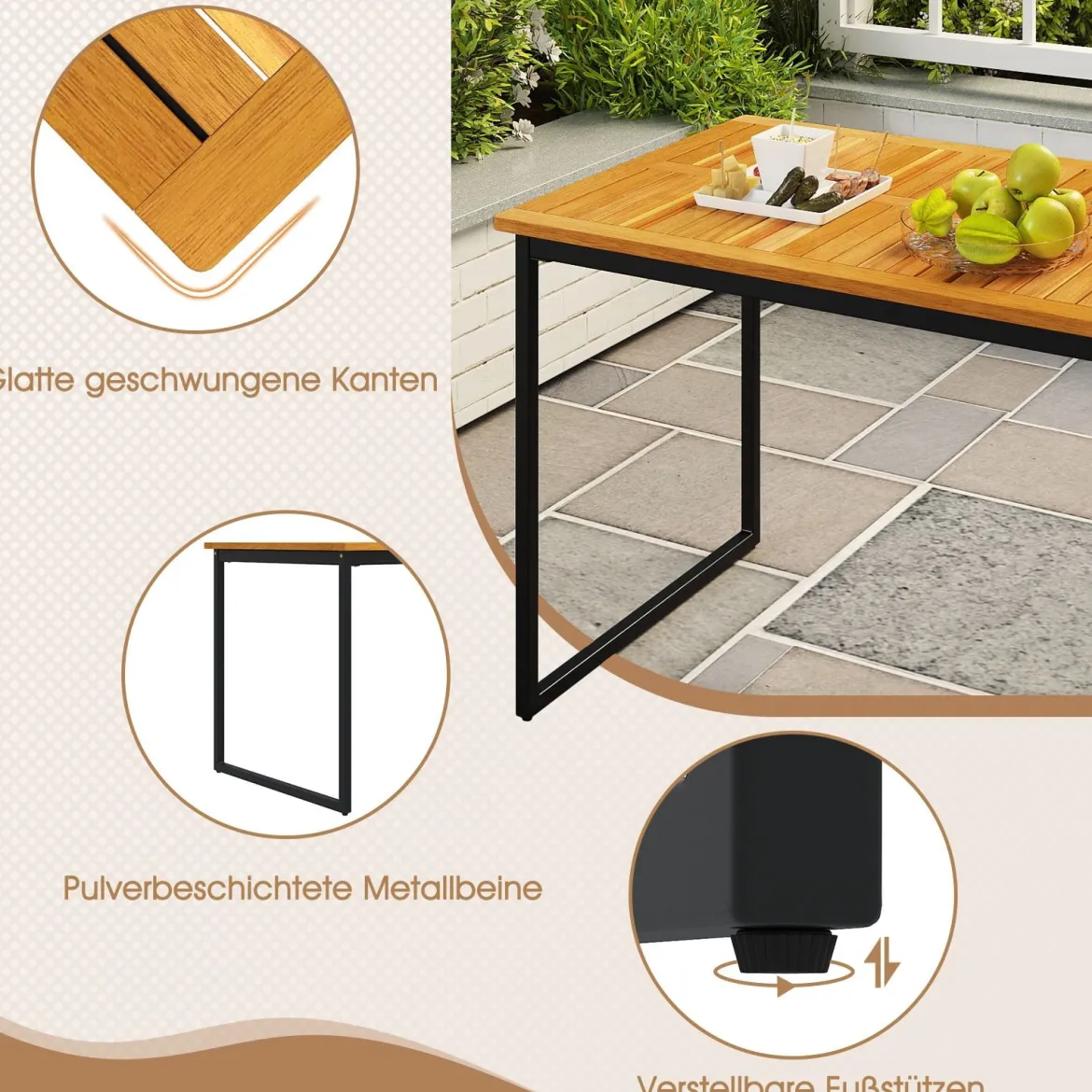 Akazienholz Esstisch für 6 Personen rechteckiger Terrassentisch mit Lattenrost Metallrahmen & Schirmloch 140 x 70 x 70 cm