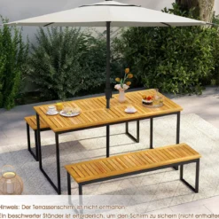 Akazienholz Esstisch für 6 Personen rechteckiger Terrassentisch mit Lattenrost Metallrahmen & Schirmloch 140 x 70 x 70 cm