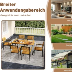 Akazienholz Esstisch für 6 Personen rechteckiger Terrassentisch mit Lattenrost Metallrahmen & Schirmloch 140 x 70 x 70 cm