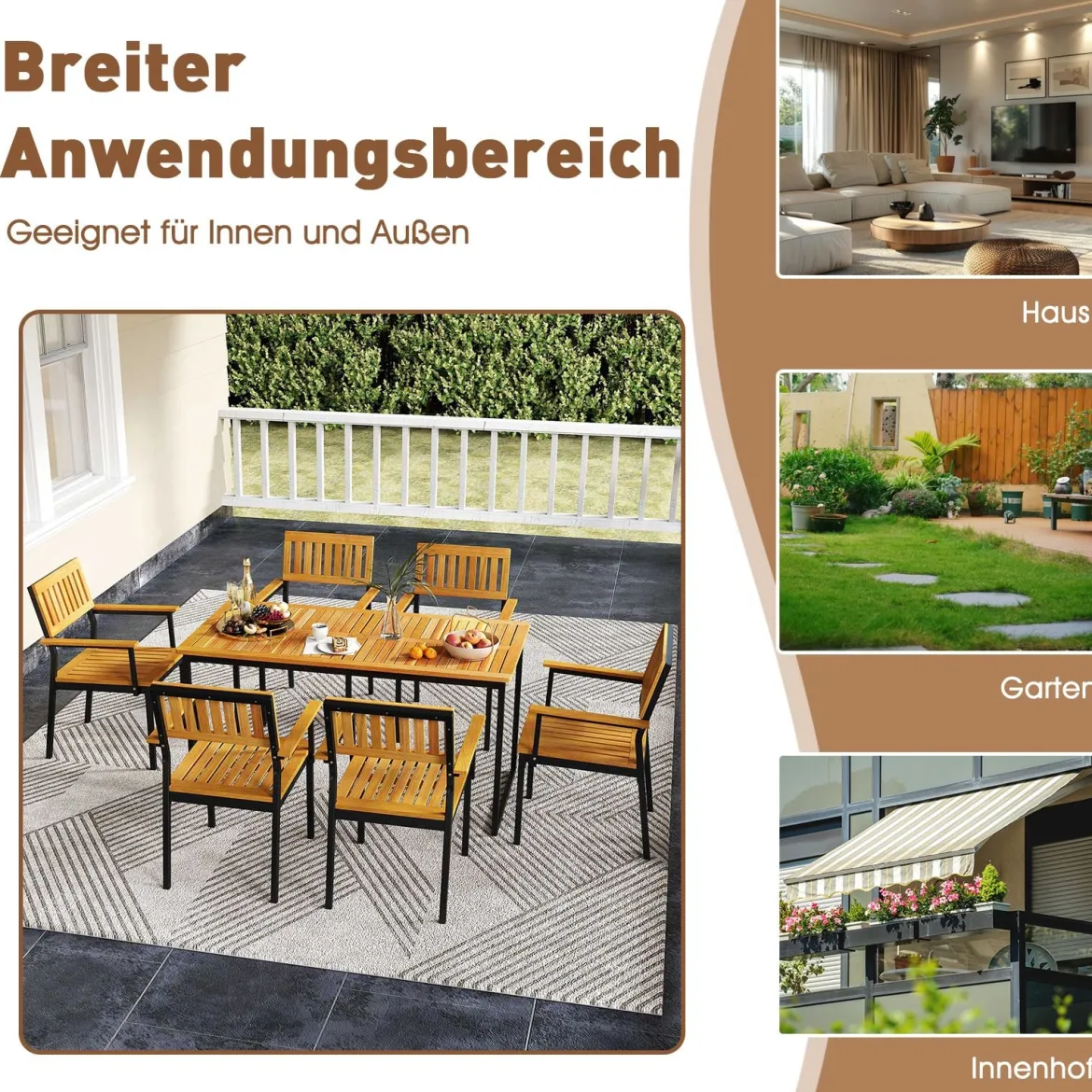 Akazienholz Esstisch für 6 Personen rechteckiger Terrassentisch mit Lattenrost Metallrahmen & Schirmloch 140 x 70 x 70 cm