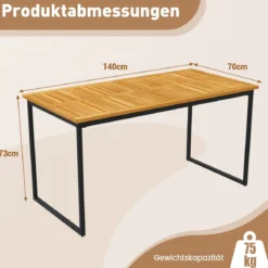 Akazienholz Esstisch für 6 Personen rechteckiger Terrassentisch mit Lattenrost Metallrahmen & Schirmloch 140 x 70 x 70 cm