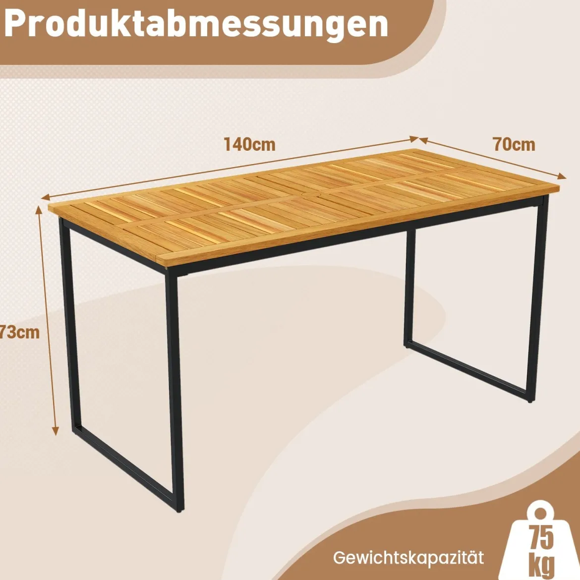 Akazienholz Esstisch für 6 Personen rechteckiger Terrassentisch mit Lattenrost Metallrahmen & Schirmloch 140 x 70 x 70 cm