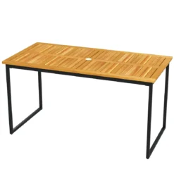 Akazienholz Esstisch für 6 Personen rechteckiger Terrassentisch mit Lattenrost Metallrahmen & Schirmloch 140 x 70 x 70 cm