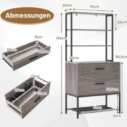 Aktenschrank mit Ladestation Büroschrank mit 3 offenen Regalen & 2 Schubladen Rustikales Braun/Grau