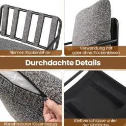 Akzentstuhl mit Rückenkissen & Breiter Gepolsterter Sitz Wohnzimmerstuhl LesesesselGrau