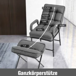 Akzentstuhl + Ottomane aus Leinenstoff mit Verstellbarer Rückenlehne & Metallrahmen Grau