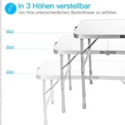 Aluminium-Klapptisch Multifunktionaler Camping-Tisch mit 3 einstellbaren Positionen Weiß