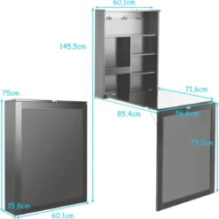 An der Wand Befestigter Tisch Ausklappbarer Umwandelbarer Schreibtisch 60 x 15,5 x 75 cm Grau