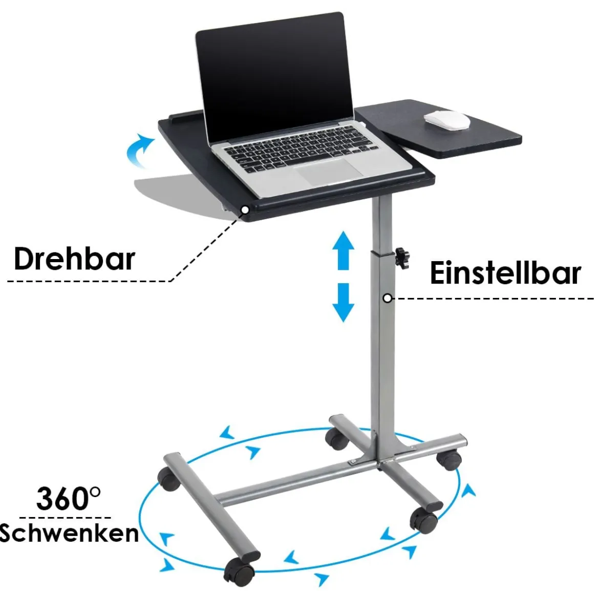 Anpassbarer Laptop Computertisch Laptoptisch mit 5 Rollen Höhe/Winkel verstellbar Silber + Schwarz