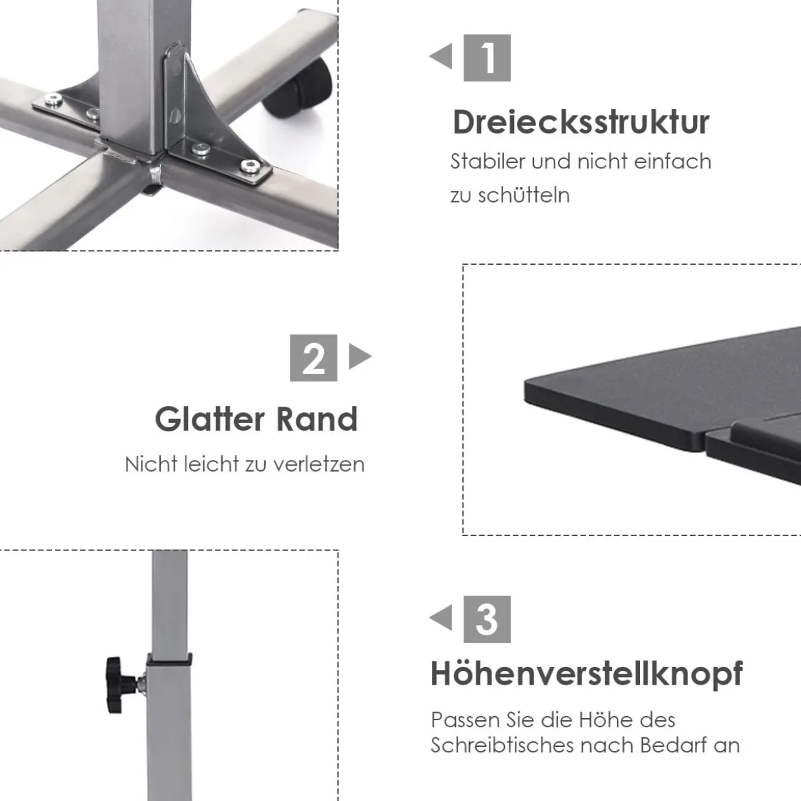 Anpassbarer Laptop Computertisch Laptoptisch mit 5 Rollen Höhe/Winkel verstellbar Silber + Schwarz