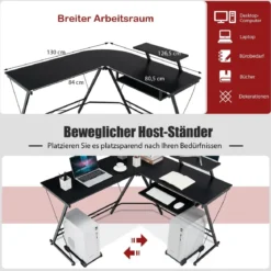 Arbeitsschreibtisch L-förmiger Computertisch mit Beweglichem Ständer Schwarz