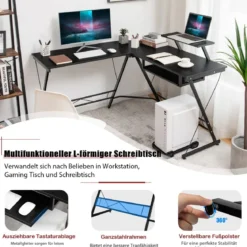 Arbeitsschreibtisch L-förmiger Computertisch mit Beweglichem Ständer Schwarz