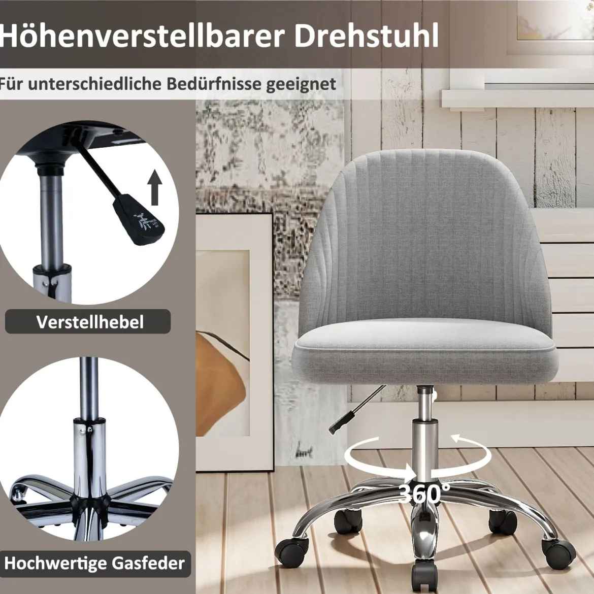 Armloser Drehstuhl Höhenverstellbarer Schminkstuhl Bürostuhl Homeoffice Stuhl Grau