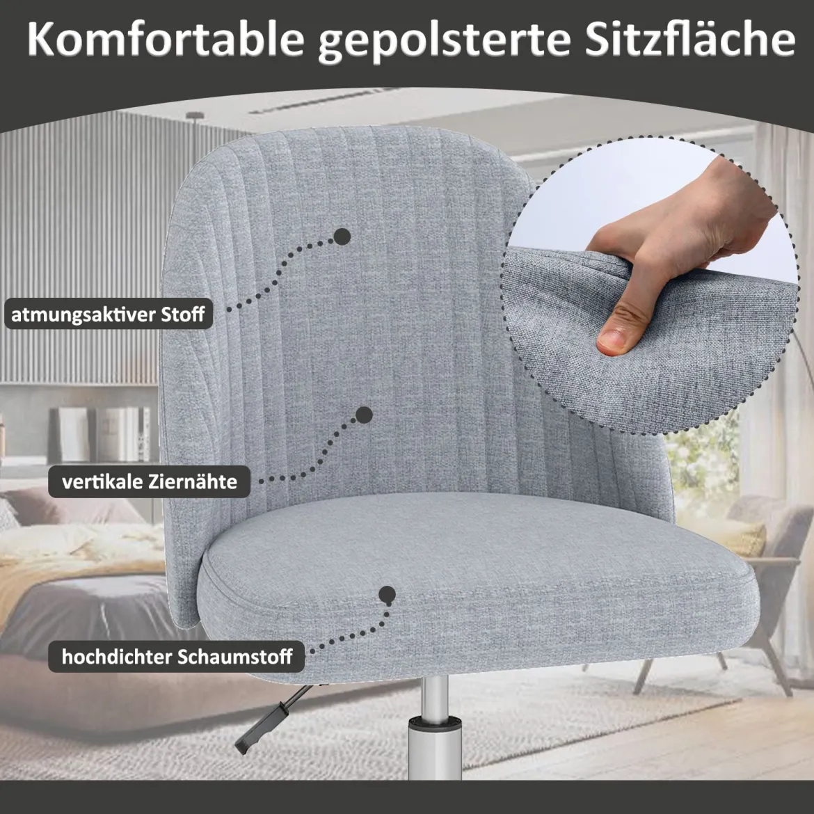 Armloser Drehstuhl Höhenverstellbarer Schminkstuhl Bürostuhl Homeoffice Stuhl Grau