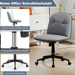 Armloser Schreibtischstuhl Kunstleder drehbarer Bürostuhl mit Höhenverstellung Wippfunktion Grau