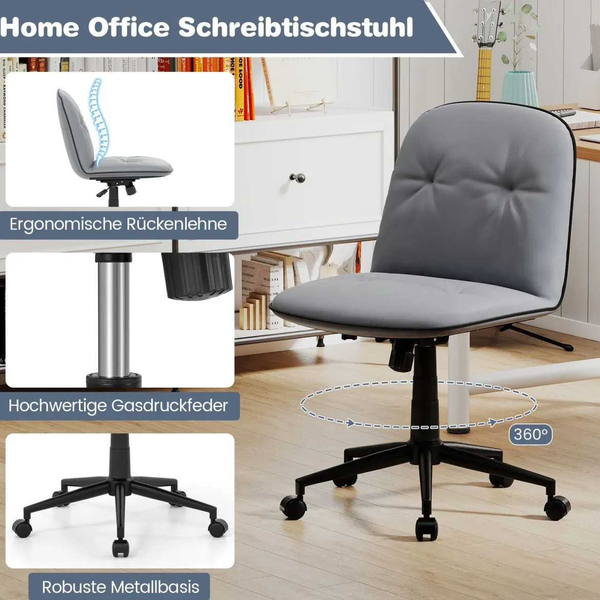Armloser Schreibtischstuhl Kunstleder drehbarer Bürostuhl mit Höhenverstellung Wippfunktion Grau