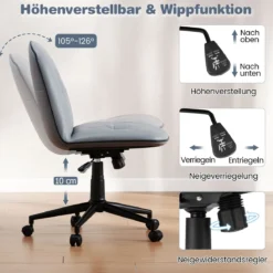 Armloser Schreibtischstuhl Kunstleder drehbarer Bürostuhl mit Höhenverstellung Wippfunktion Grau